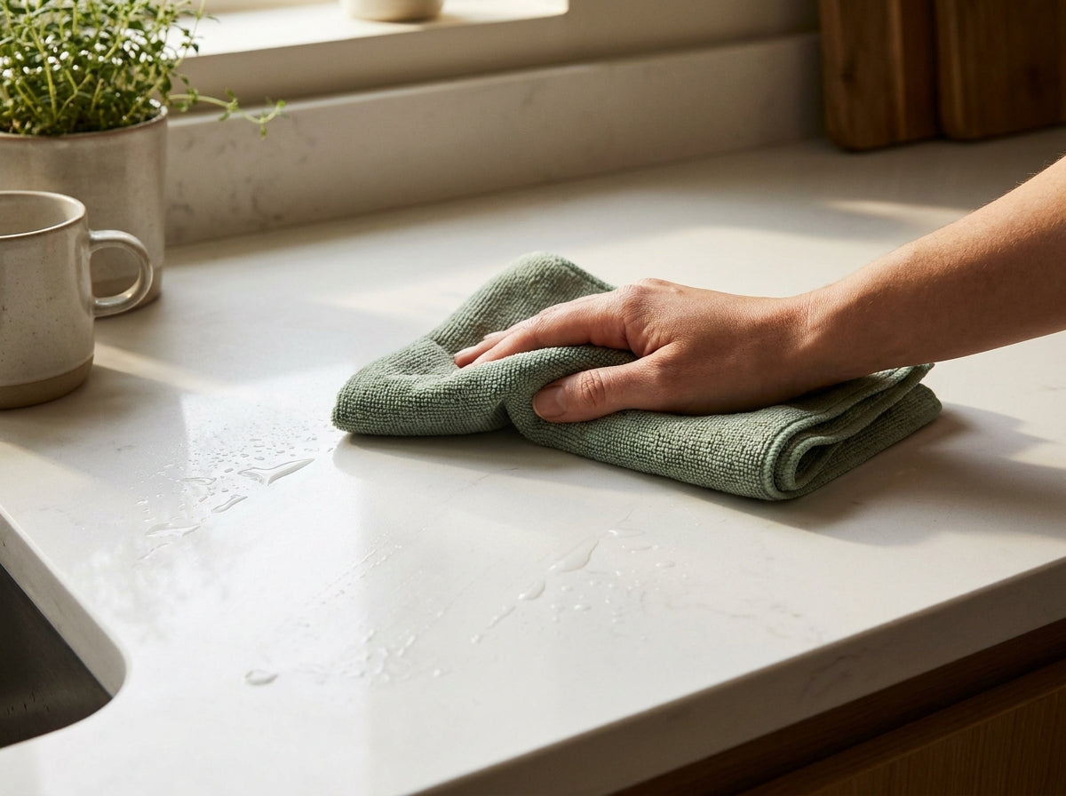 A microfiber wipe pulls everything off the surface in one pass. Water beads, no chemical film.